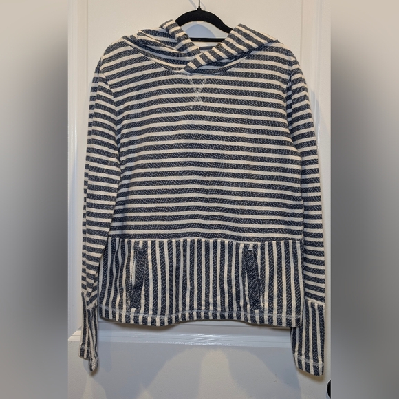 J. Crew Tops - J.Crew Nautical Striped Popover Hoodie Sweater Size M Mixed Media Coastal Knit
